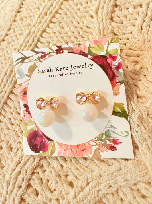 Pink CZ Bow Pearl Iridescent Earrings
