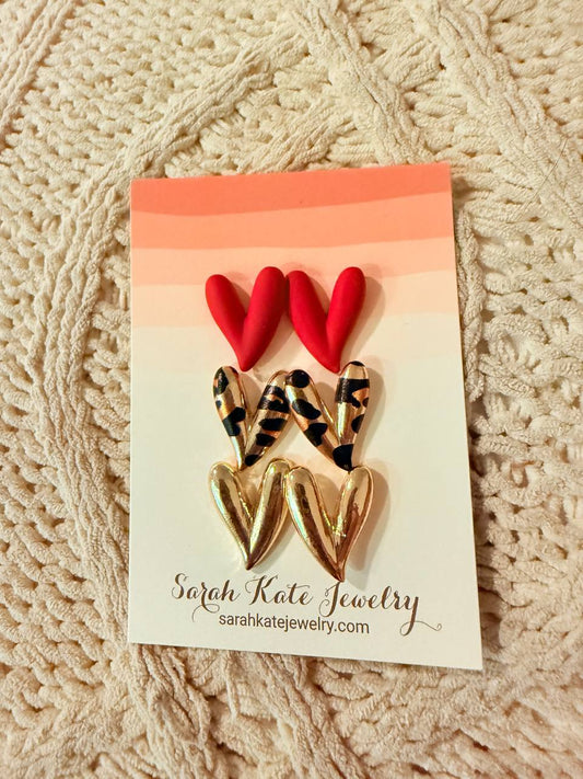 3pc Heart Red Leopard Gold Studs